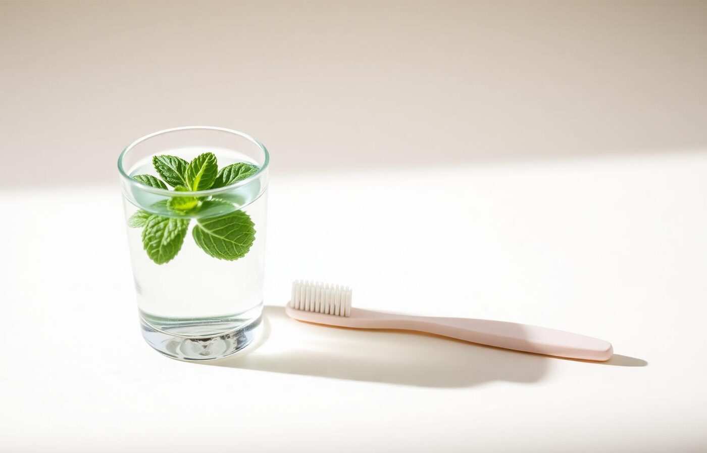 Glass of water with mint and a soft toothbrush